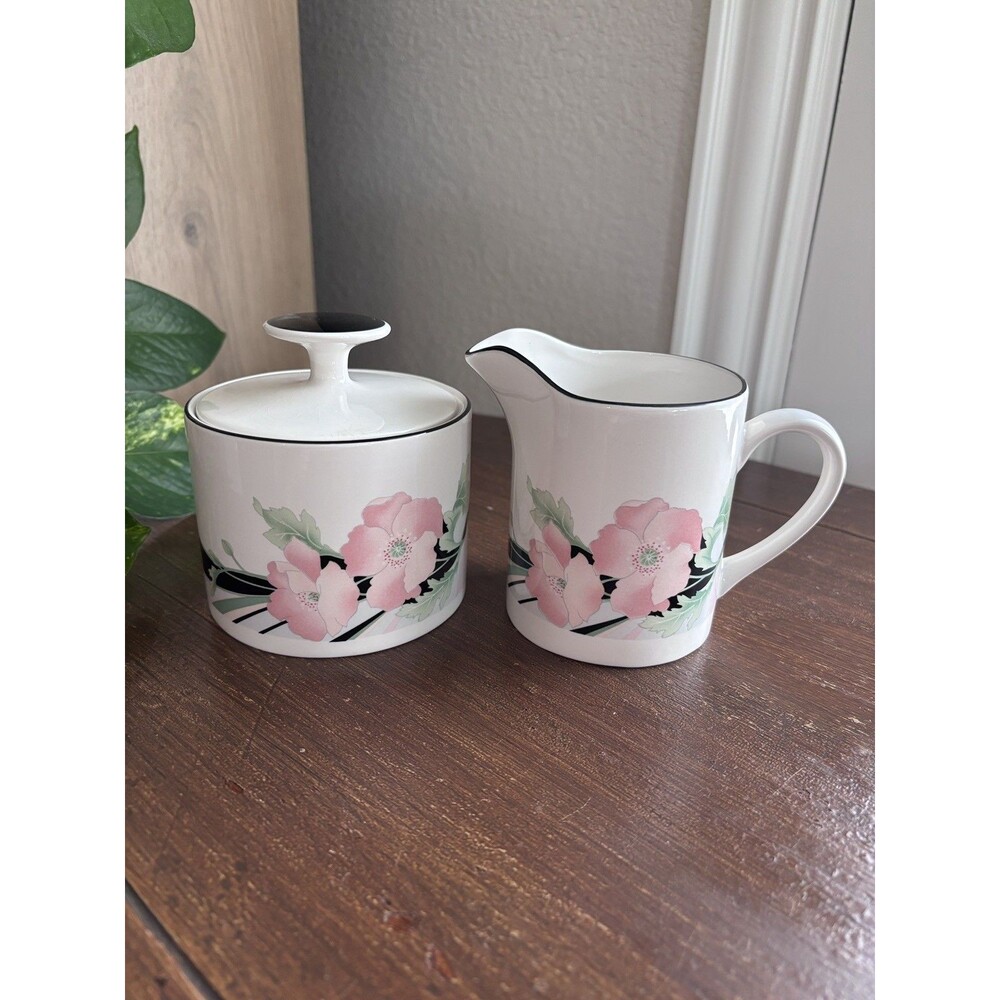 Sango Jolie Sugar Bowl w/ Lid & Creamer Set, Pink Floral Design 253319 Korea